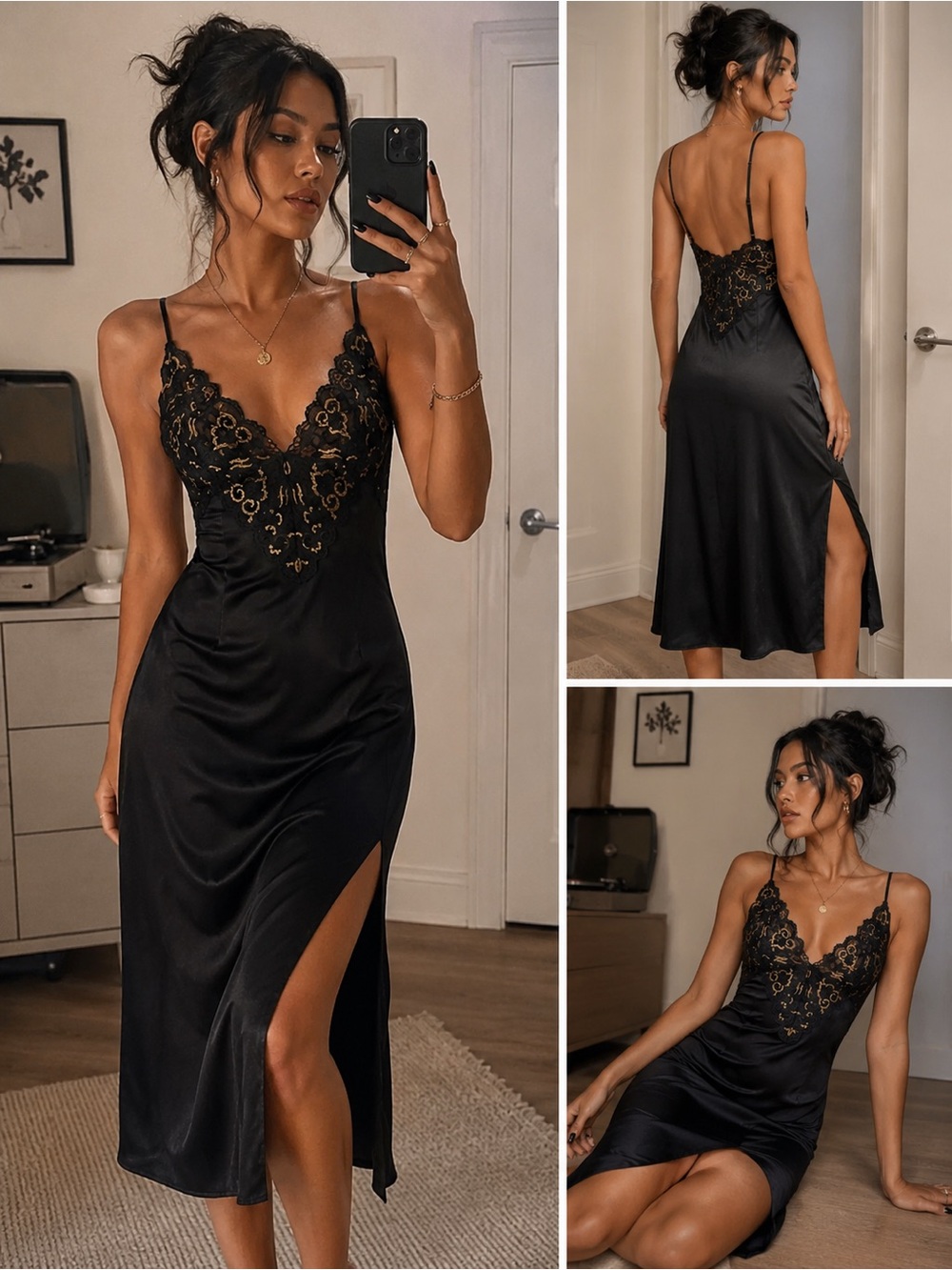 Vintage Soft Moments New York Black Satin Lace Trim Slip Dress